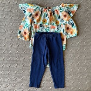 EUC Baby Girl Outfit Set, Navy Floral Off the Shoulder, 12-18 Months